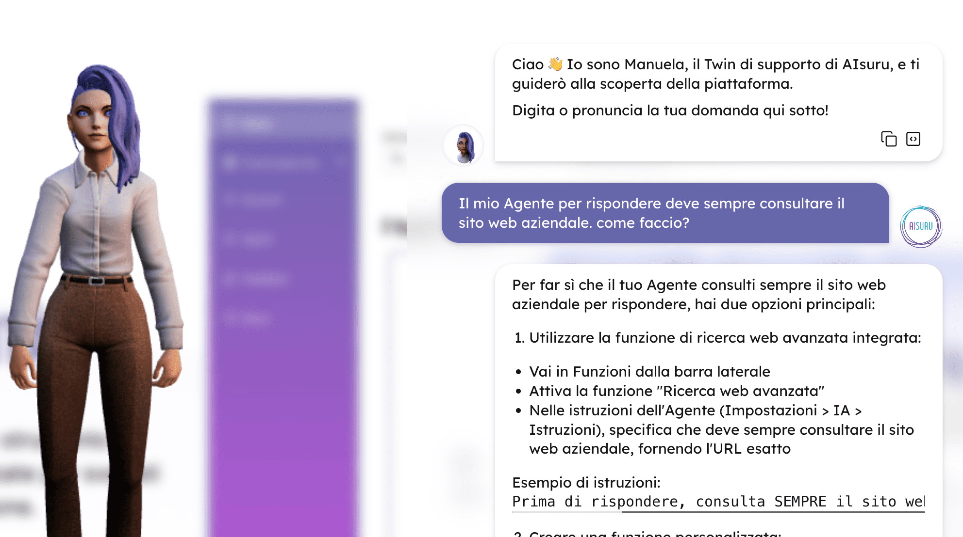 Screenshot di Manuela, l'Agente AI di AIsuru che fornisce supporto agli utenti della piattaforma